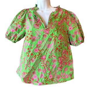 Sugarlips Floral Puff Sleeve Cotton Blouse Size Small Green Pink